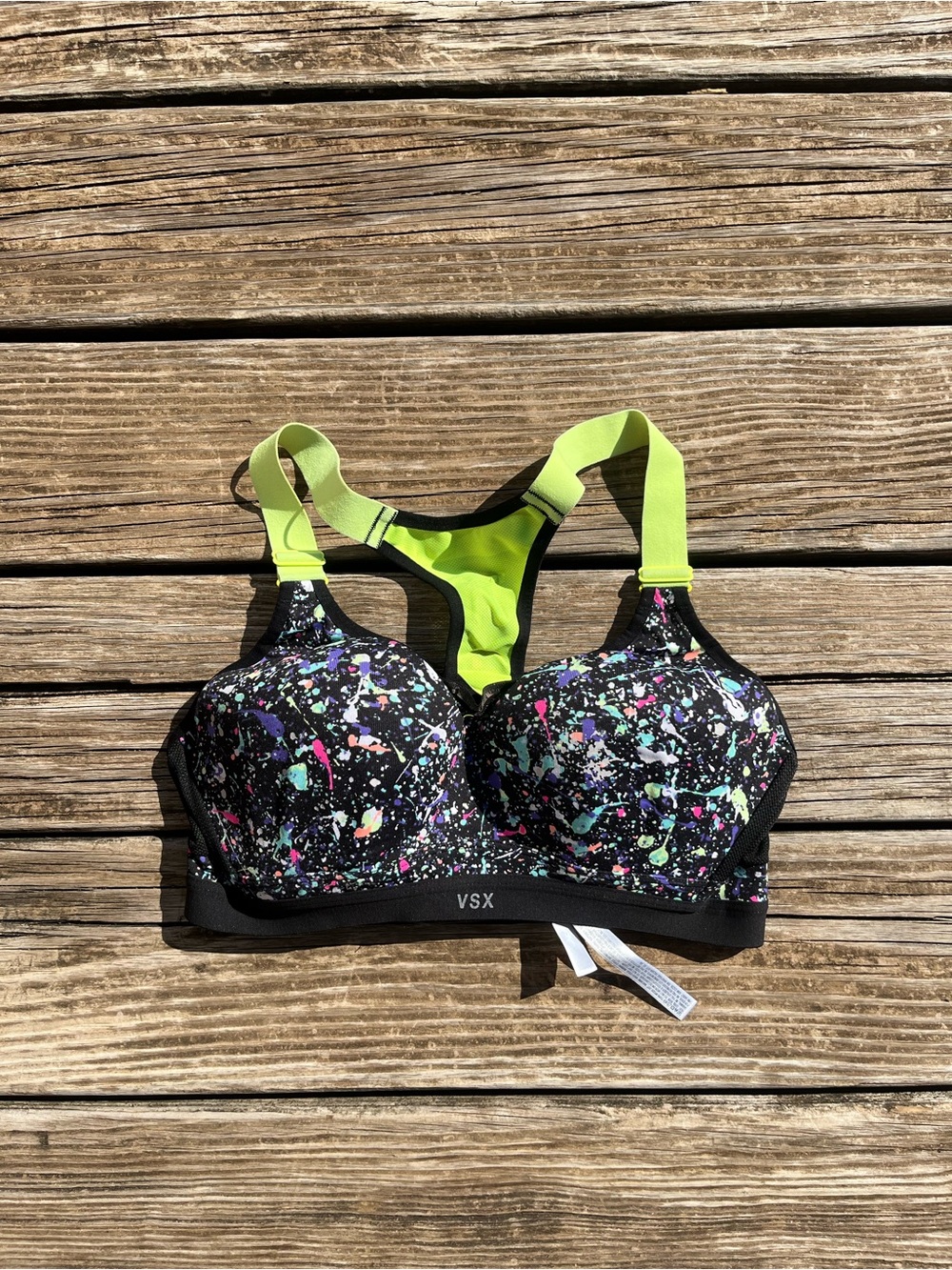 VSX Black Sports Bra with Neon Green Straps and Multicolor Splatter